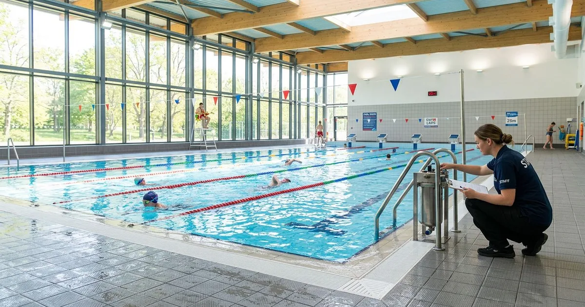 Staff member checking equipment beside the pool in a bright UK leisure centre.