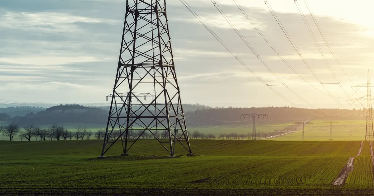 Electricity pylon in a UK field in warm natural light.